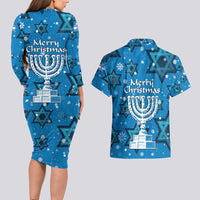 Israel Christmas Couples Matching Long Sleeve Bodycon Dress and Hawaiian Shirt with Blue Star of David Pattern and Menorah Motif - Wonder Print Shop