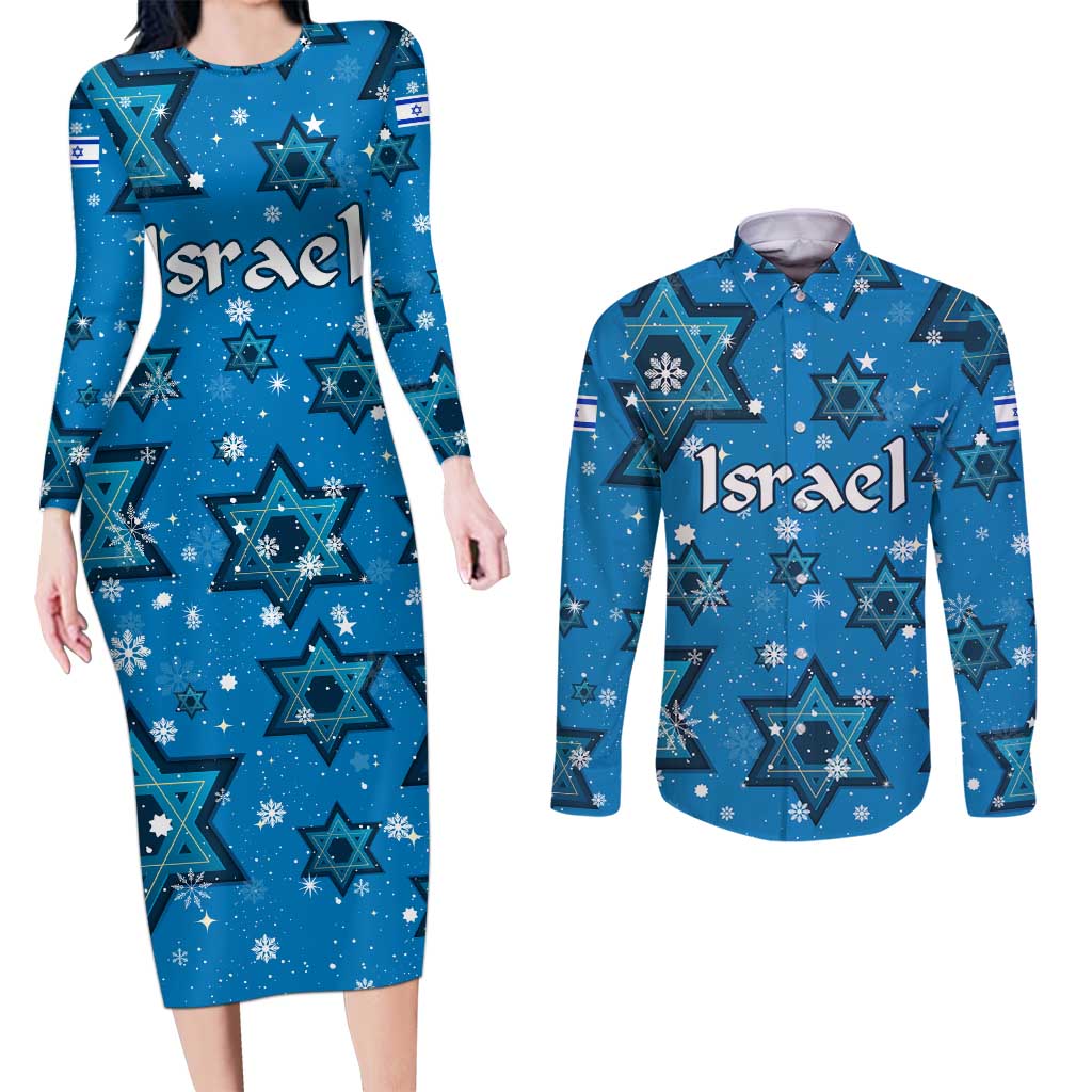 Israel Christmas Couples Matching Long Sleeve Bodycon Dress and Long Sleeve Button Shirt with Blue Star of David Pattern and Menorah Motif - Wonder Print Shop
