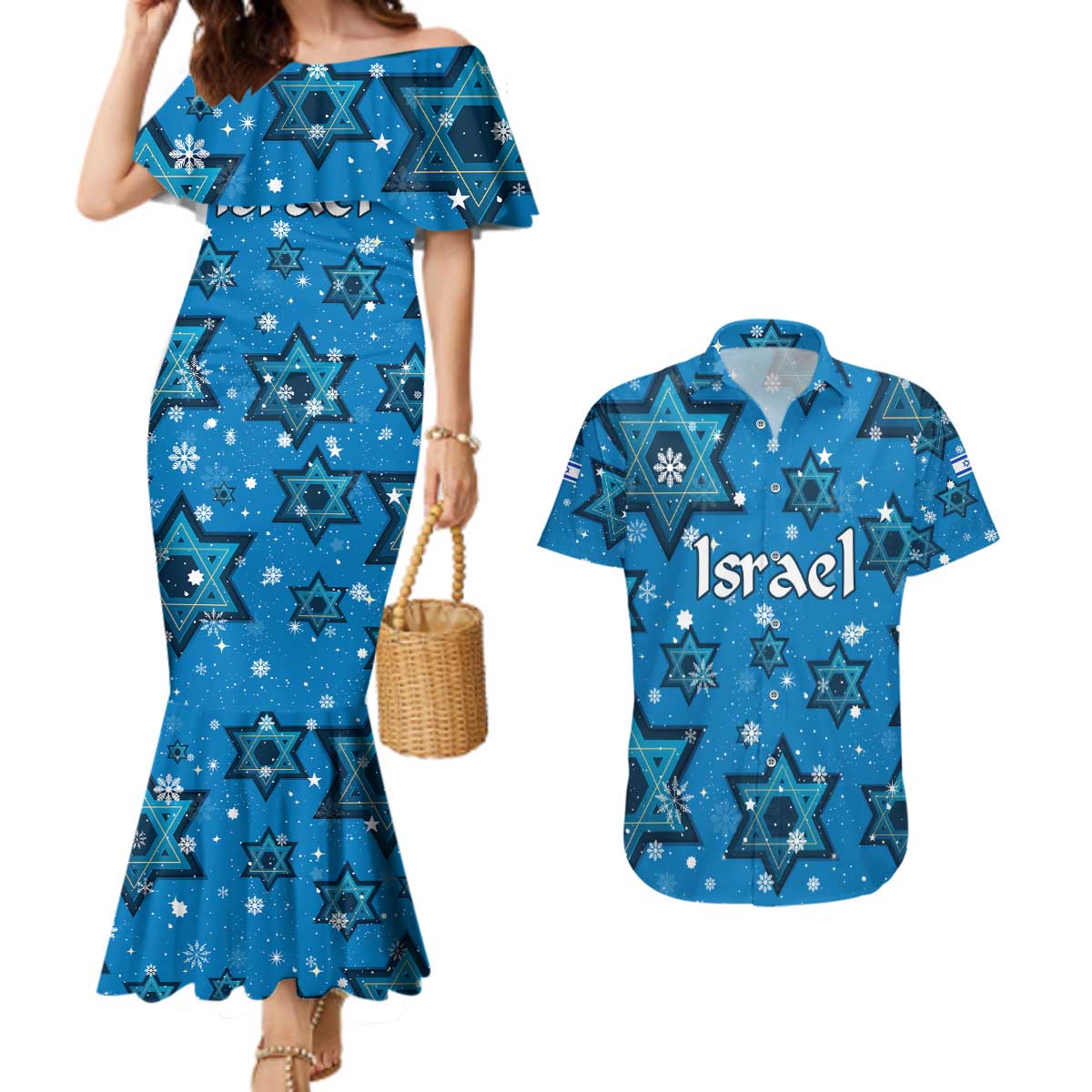 Israel Christmas Couples Matching Mermaid Dress and Hawaiian Shirt with Blue Star of David Pattern and Menorah Motif - Wonder Print Shop