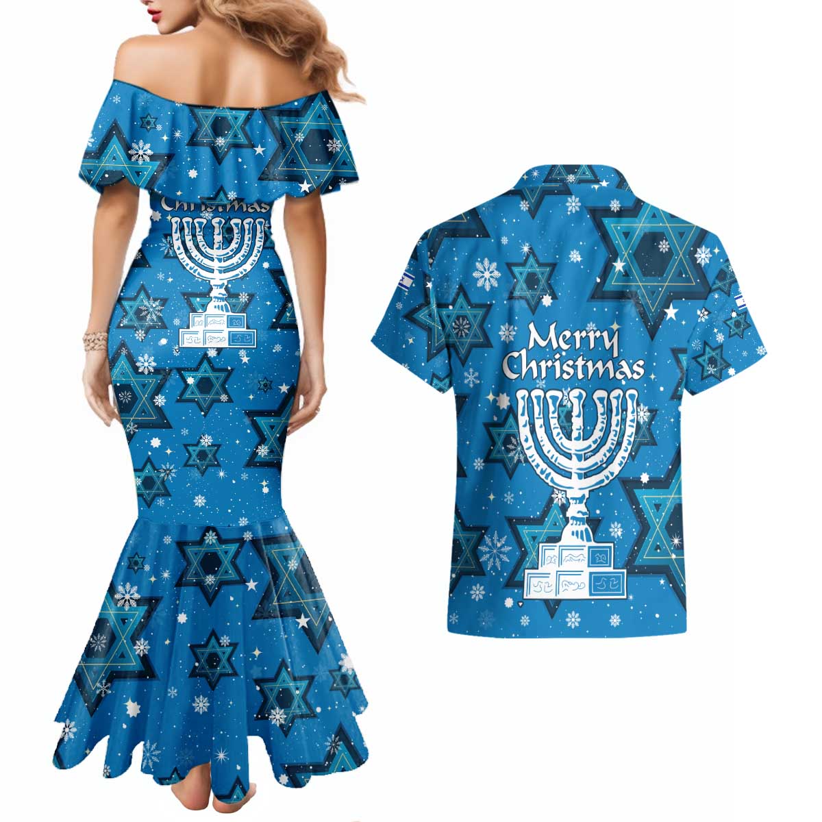 Israel Christmas Couples Matching Mermaid Dress and Hawaiian Shirt with Blue Star of David Pattern and Menorah Motif - Wonder Print Shop