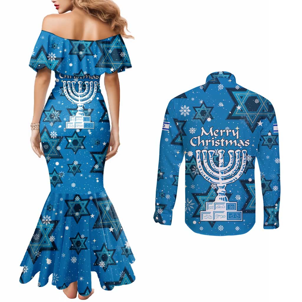 Israel Christmas Couples Matching Mermaid Dress and Long Sleeve Button Shirt with Blue Star of David Pattern and Menorah Motif - Wonder Print Shop
