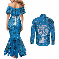 Israel Christmas Couples Matching Mermaid Dress and Long Sleeve Button Shirt with Blue Star of David Pattern and Menorah Motif - Wonder Print Shop