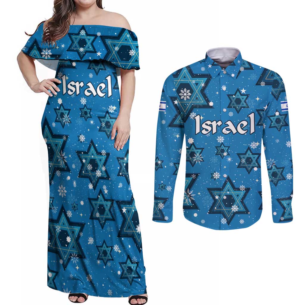 Israel Christmas Couples Matching Off Shoulder Maxi Dress and Long Sleeve Button Shirt with Blue Star of David Pattern and Menorah Motif - Wonder Print Shop
