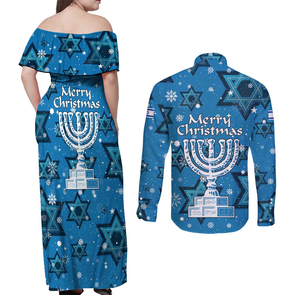 Israel Christmas Couples Matching Off Shoulder Maxi Dress and Long Sleeve Button Shirt with Blue Star of David Pattern and Menorah Motif - Wonder Print Shop