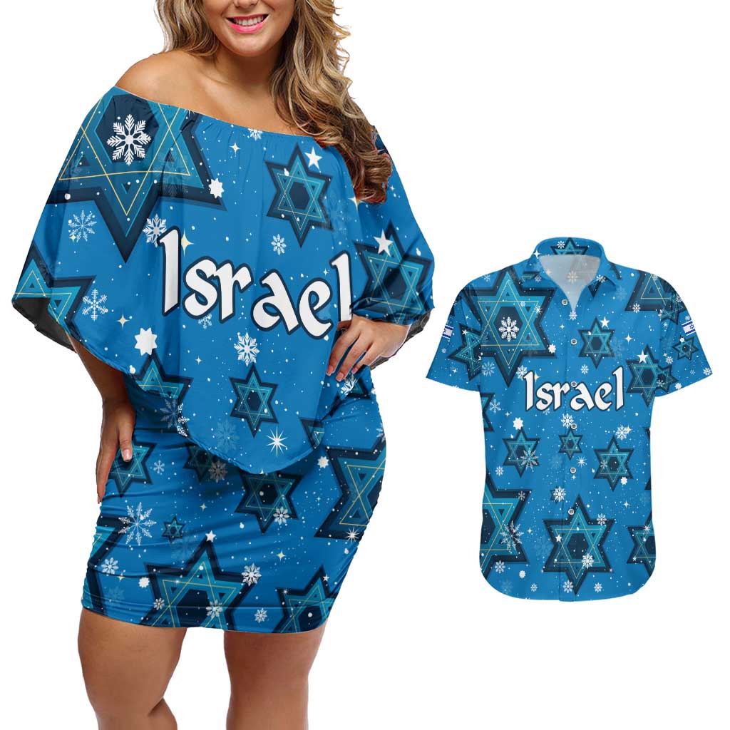 Israel Christmas Couples Matching Off Shoulder Short Dress and Hawaiian Shirt with Blue Star of David Pattern and Menorah Motif - Wonder Print Shop
