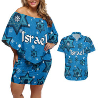 Israel Christmas Couples Matching Off Shoulder Short Dress and Hawaiian Shirt with Blue Star of David Pattern and Menorah Motif - Wonder Print Shop