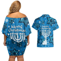 Israel Christmas Couples Matching Off Shoulder Short Dress and Hawaiian Shirt with Blue Star of David Pattern and Menorah Motif - Wonder Print Shop