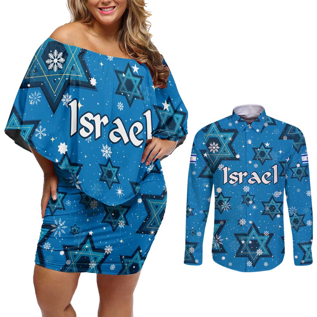 Israel Christmas Couples Matching Off Shoulder Short Dress and Long Sleeve Button Shirt with Blue Star of David Pattern and Menorah Motif - Wonder Print Shop