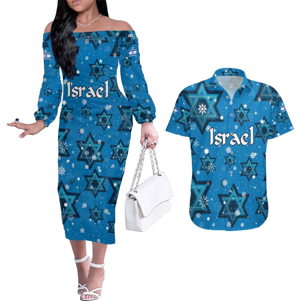 Israel Christmas Couples Matching Off The Shoulder Long Sleeve Dress and Hawaiian Shirt with Blue Star of David Pattern and Menorah Motif - Wonder Print Shop