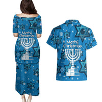 Israel Christmas Couples Matching Puletasi and Hawaiian Shirt with Blue Star of David Pattern and Menorah Motif - Wonder Print Shop