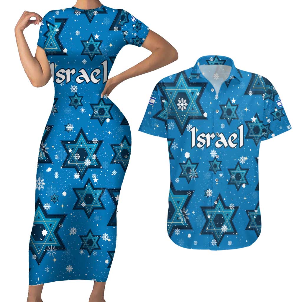 Israel Christmas Couples Matching Short Sleeve Bodycon Dress and Hawaiian Shirt with Blue Star of David Pattern and Menorah Motif - Wonder Print Shop