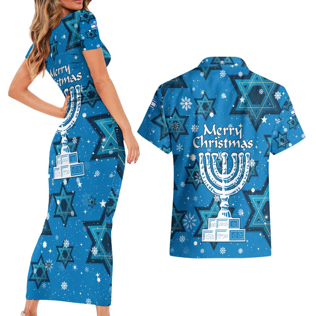 Israel Christmas Couples Matching Short Sleeve Bodycon Dress and Hawaiian Shirt with Blue Star of David Pattern and Menorah Motif - Wonder Print Shop