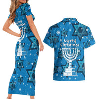 Israel Christmas Couples Matching Short Sleeve Bodycon Dress and Hawaiian Shirt with Blue Star of David Pattern and Menorah Motif - Wonder Print Shop