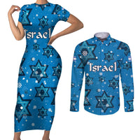 Israel Christmas Couples Matching Short Sleeve Bodycon Dress and Long Sleeve Button Shirt with Blue Star of David Pattern and Menorah Motif - Wonder Print Shop
