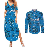Israel Christmas Couples Matching Summer Maxi Dress and Long Sleeve Button Shirt with Blue Star of David Pattern and Menorah Motif - Wonder Print Shop