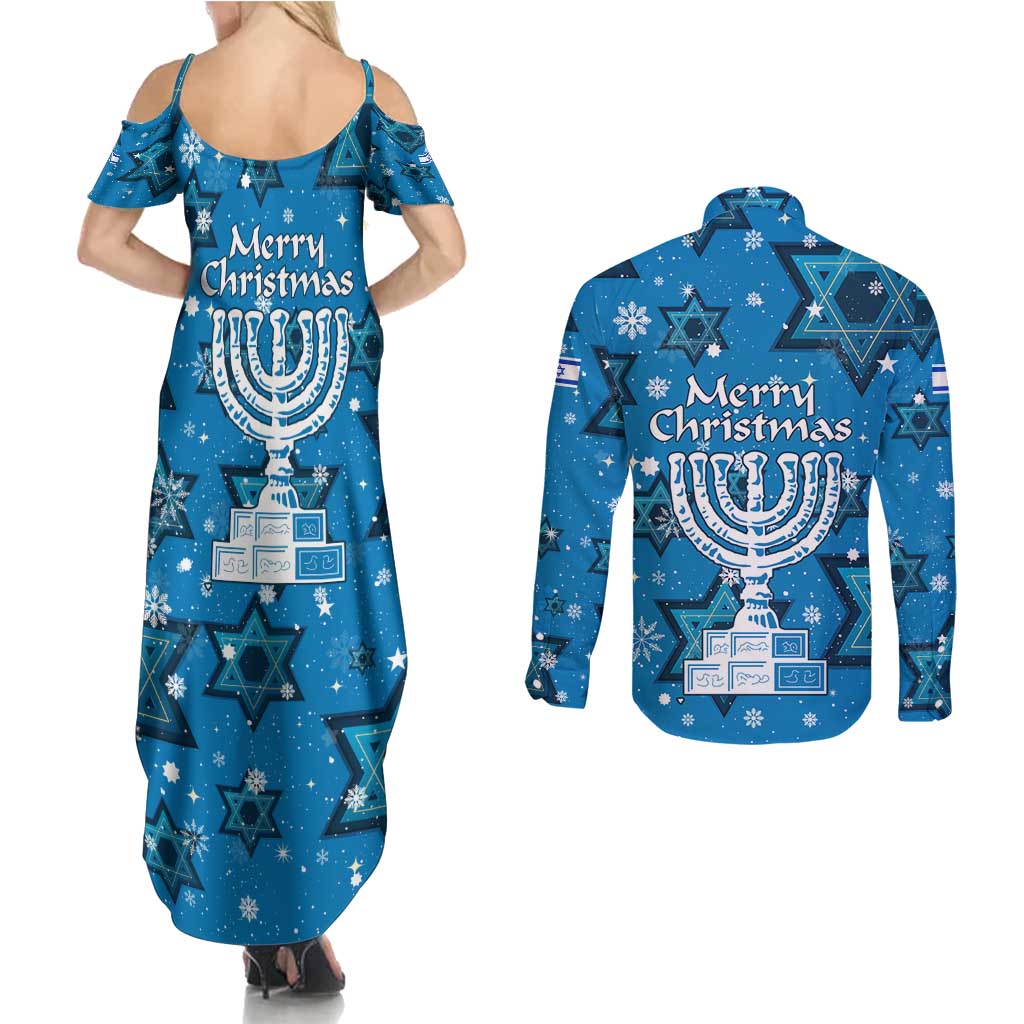 Israel Christmas Couples Matching Summer Maxi Dress and Long Sleeve Button Shirt with Blue Star of David Pattern and Menorah Motif - Wonder Print Shop