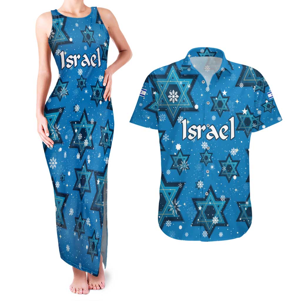 Israel Christmas Couples Matching Tank Maxi Dress and Hawaiian Shirt with Blue Star of David Pattern and Menorah Motif - Wonder Print Shop