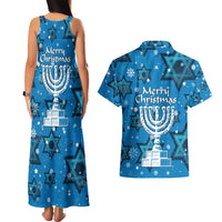 Israel Christmas Couples Matching Tank Maxi Dress and Hawaiian Shirt with Blue Star of David Pattern and Menorah Motif - Wonder Print Shop