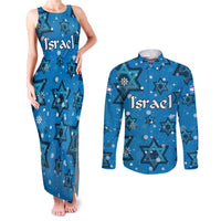 Israel Christmas Couples Matching Tank Maxi Dress and Long Sleeve Button Shirt with Blue Star of David Pattern and Menorah Motif - Wonder Print Shop