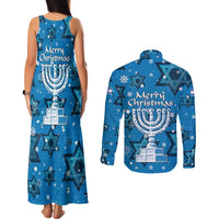 Israel Christmas Couples Matching Tank Maxi Dress and Long Sleeve Button Shirt with Blue Star of David Pattern and Menorah Motif - Wonder Print Shop