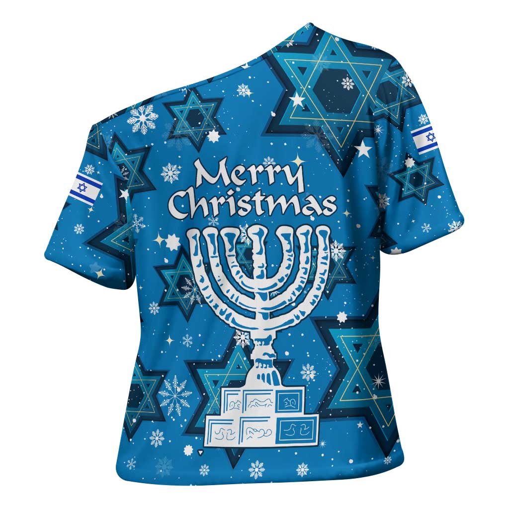 Israel Christmas Cross Shoulder Shirt with Blue Star of David Pattern and Menorah Motif - Wonder Print Shop