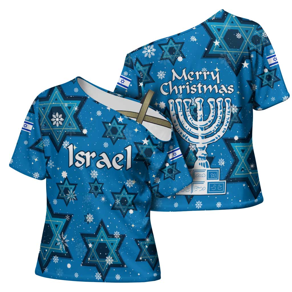 Israel Christmas Cross Shoulder Shirt with Blue Star of David Pattern and Menorah Motif - Wonder Print Shop