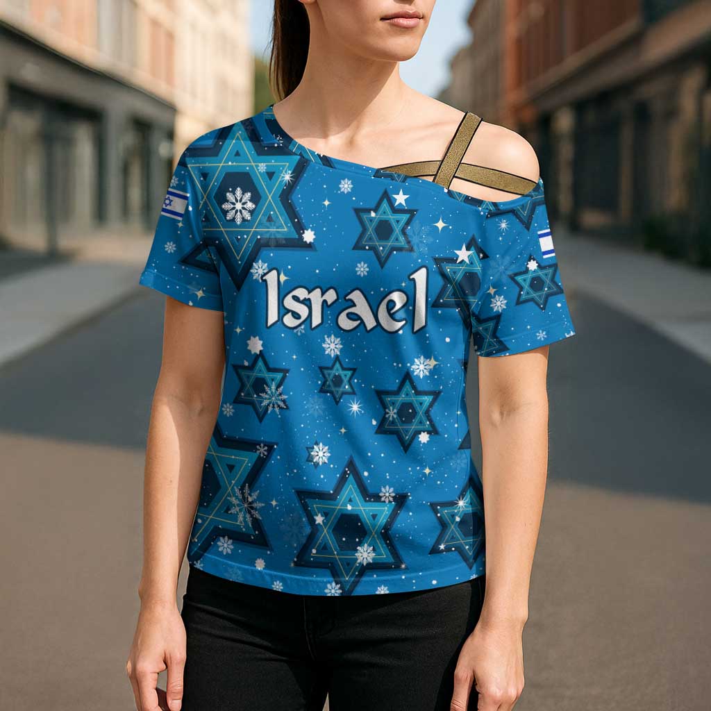 Israel Christmas Cross Shoulder Shirt with Blue Star of David Pattern and Menorah Motif - Wonder Print Shop