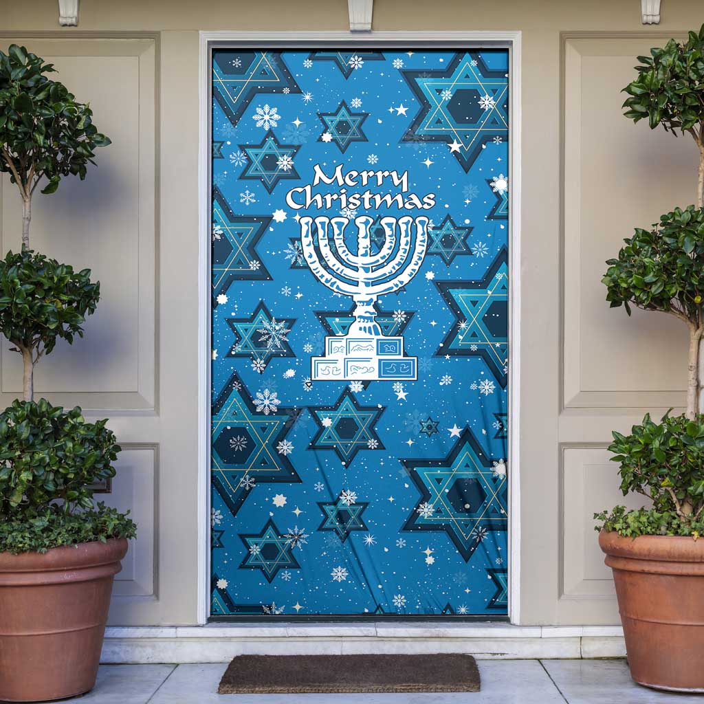Israel Christmas Door Cover with Blue Star of David Pattern and Menorah Motif - Wonder Print Shop