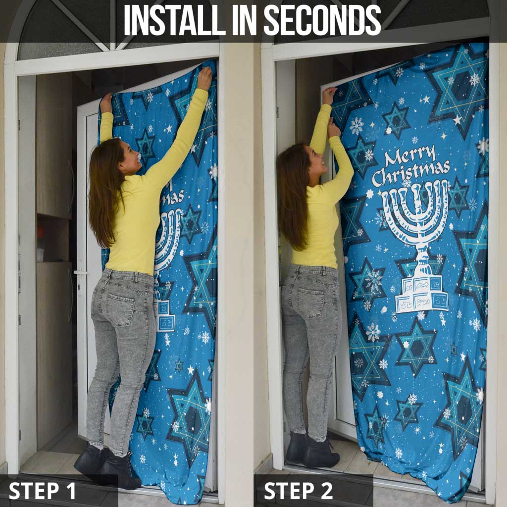 Israel Christmas Door Cover with Blue Star of David Pattern and Menorah Motif - Wonder Print Shop