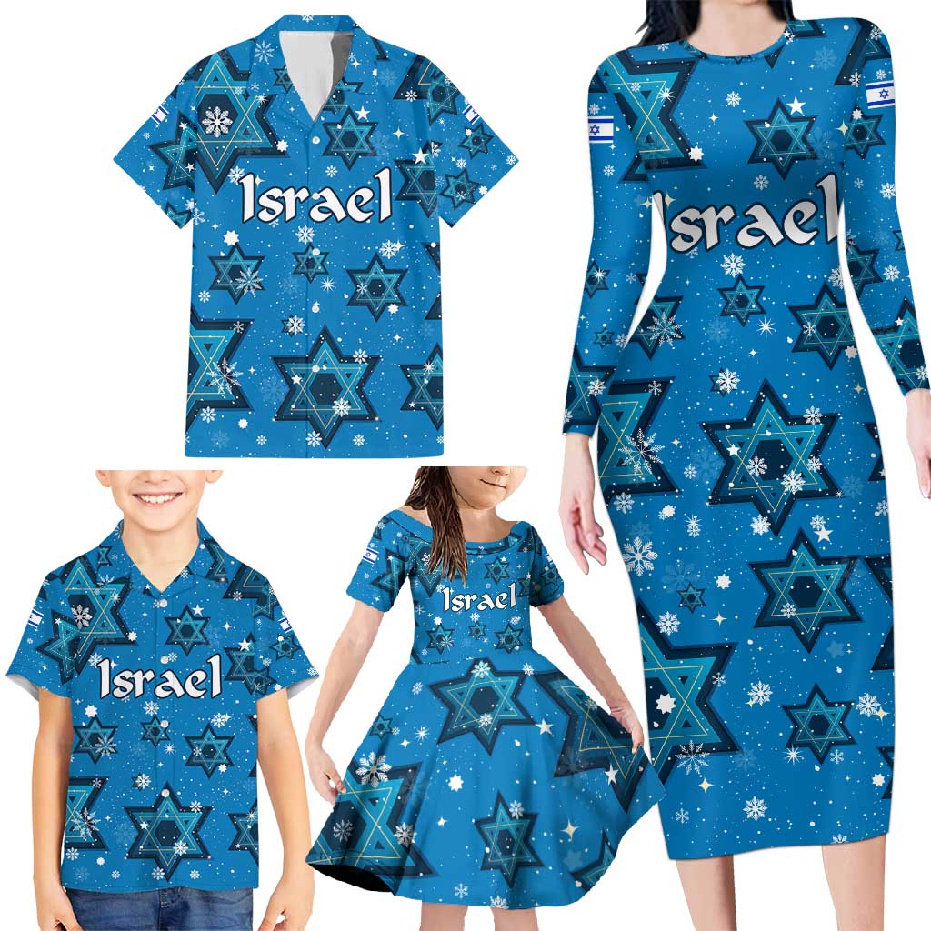 Israel Christmas Family Matching Long Sleeve Bodycon Dress and Hawaiian Shirt with Blue Star of David Pattern and Menorah Motif - Wonder Print Shop