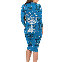 Israel Christmas Family Matching Long Sleeve Bodycon Dress and Hawaiian Shirt with Blue Star of David Pattern and Menorah Motif - Wonder Print Shop