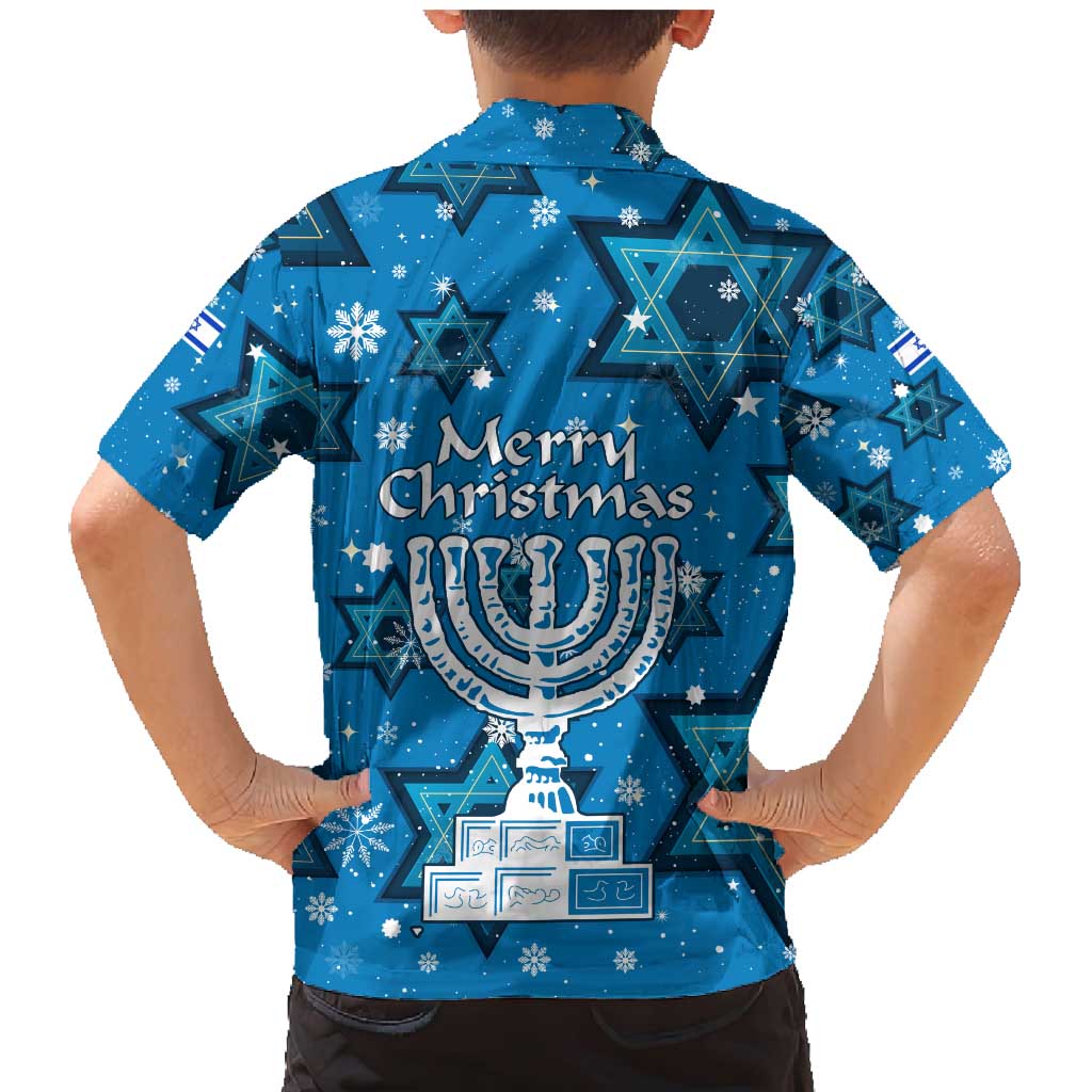Israel Christmas Family Matching Mermaid Dress and Hawaiian Shirt with Blue Star of David Pattern and Menorah Motif - Wonder Print Shop