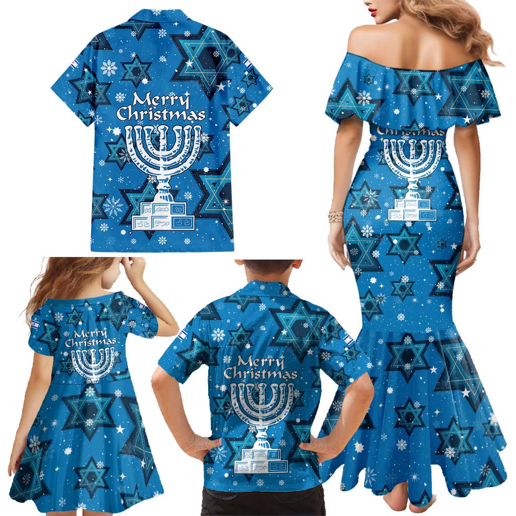 Israel Christmas Family Matching Mermaid Dress and Hawaiian Shirt with Blue Star of David Pattern and Menorah Motif - Wonder Print Shop