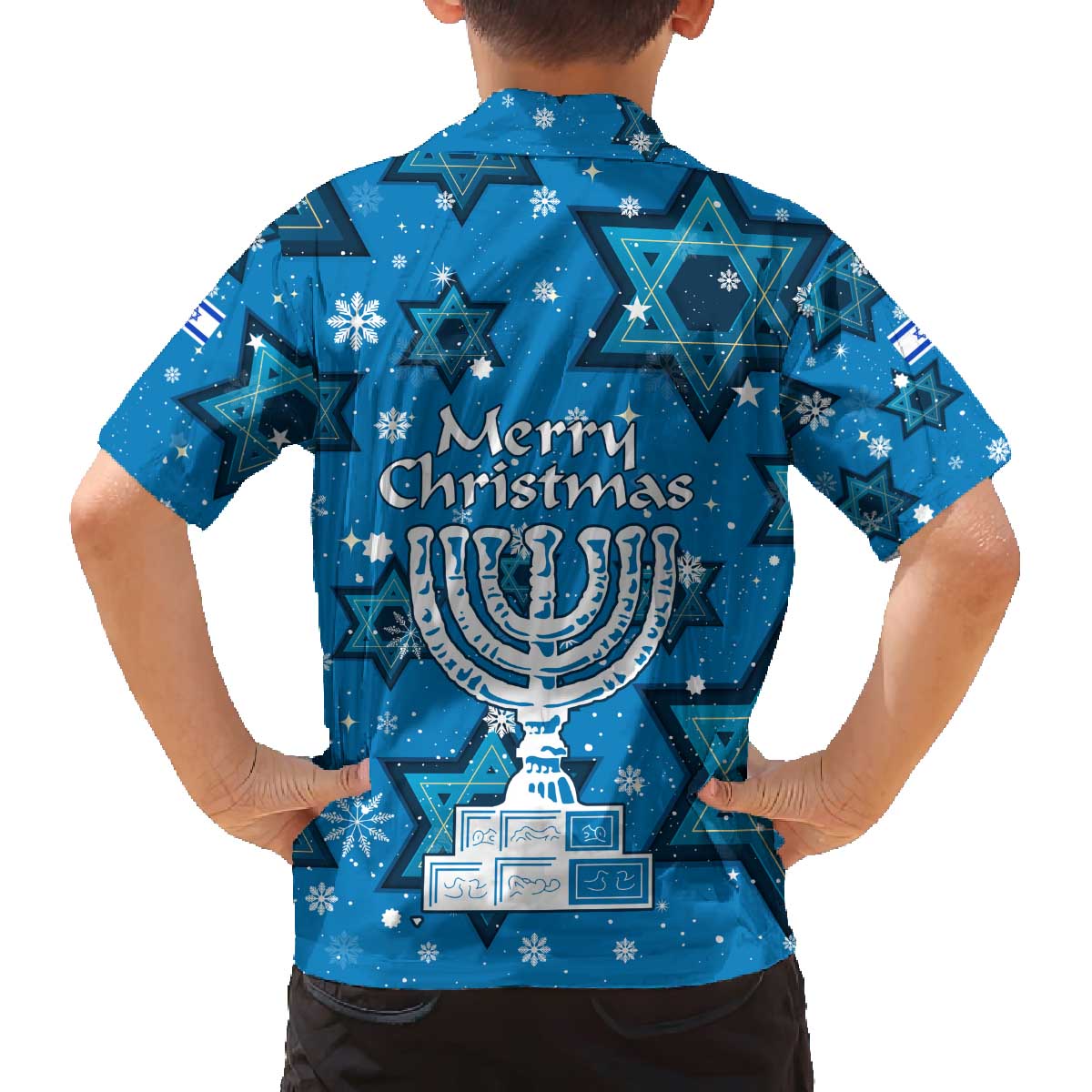 Israel Christmas Family Matching Off The Shoulder Long Sleeve Dress and Hawaiian Shirt with Blue Star of David Pattern and Menorah Motif - Wonder Print Shop
