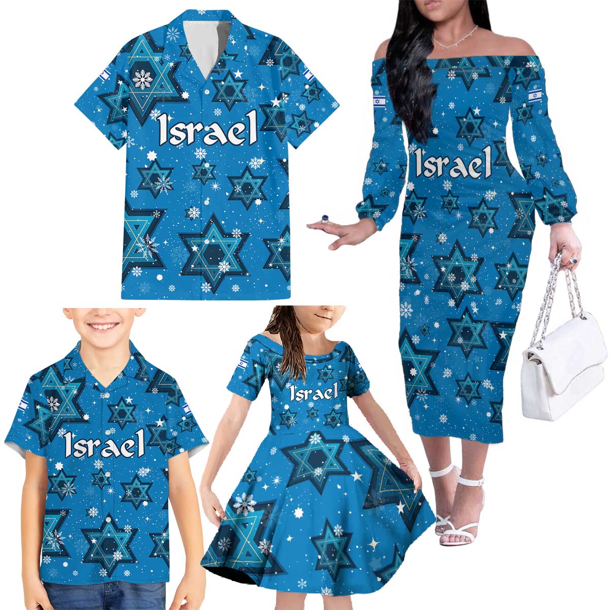 Israel Christmas Family Matching Off The Shoulder Long Sleeve Dress and Hawaiian Shirt with Blue Star of David Pattern and Menorah Motif - Wonder Print Shop