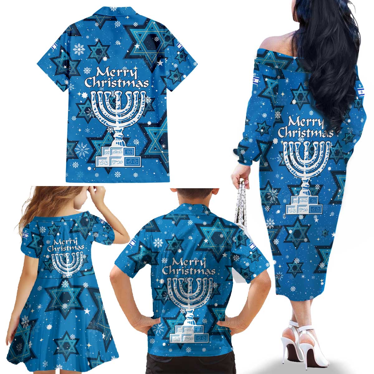 Israel Christmas Family Matching Off The Shoulder Long Sleeve Dress and Hawaiian Shirt with Blue Star of David Pattern and Menorah Motif - Wonder Print Shop