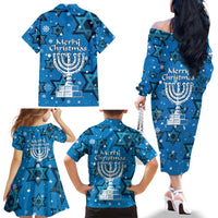 Israel Christmas Family Matching Off The Shoulder Long Sleeve Dress and Hawaiian Shirt with Blue Star of David Pattern and Menorah Motif - Wonder Print Shop