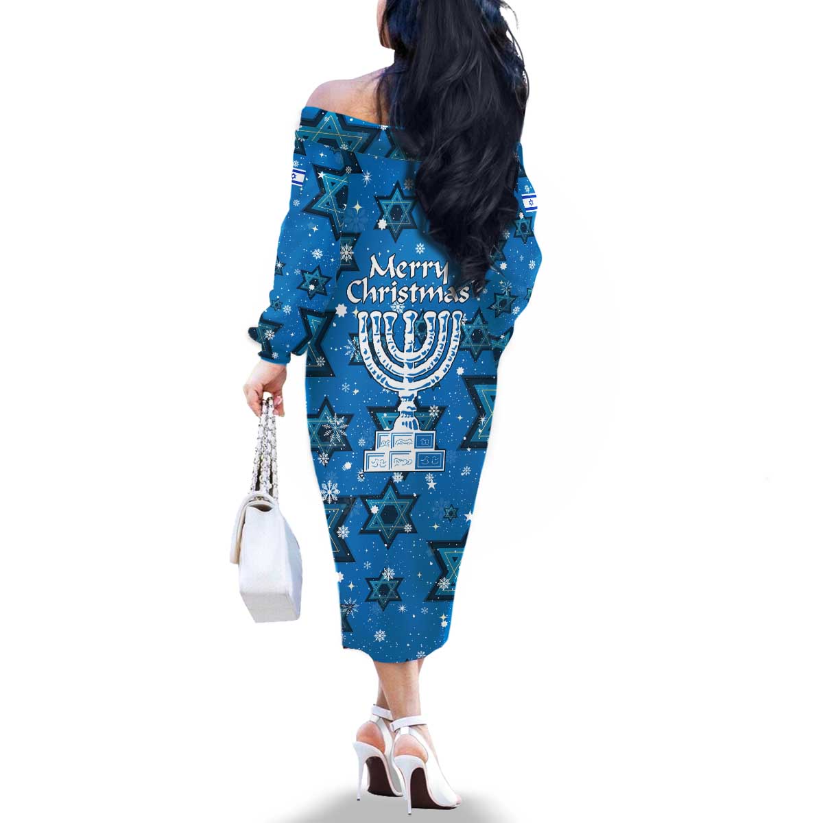 Israel Christmas Family Matching Off The Shoulder Long Sleeve Dress and Hawaiian Shirt with Blue Star of David Pattern and Menorah Motif - Wonder Print Shop