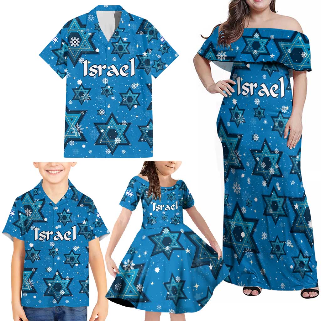 Israel Christmas Family Matching Off Shoulder Maxi Dress and Hawaiian Shirt with Blue Star of David Pattern and Menorah Motif - Wonder Print Shop