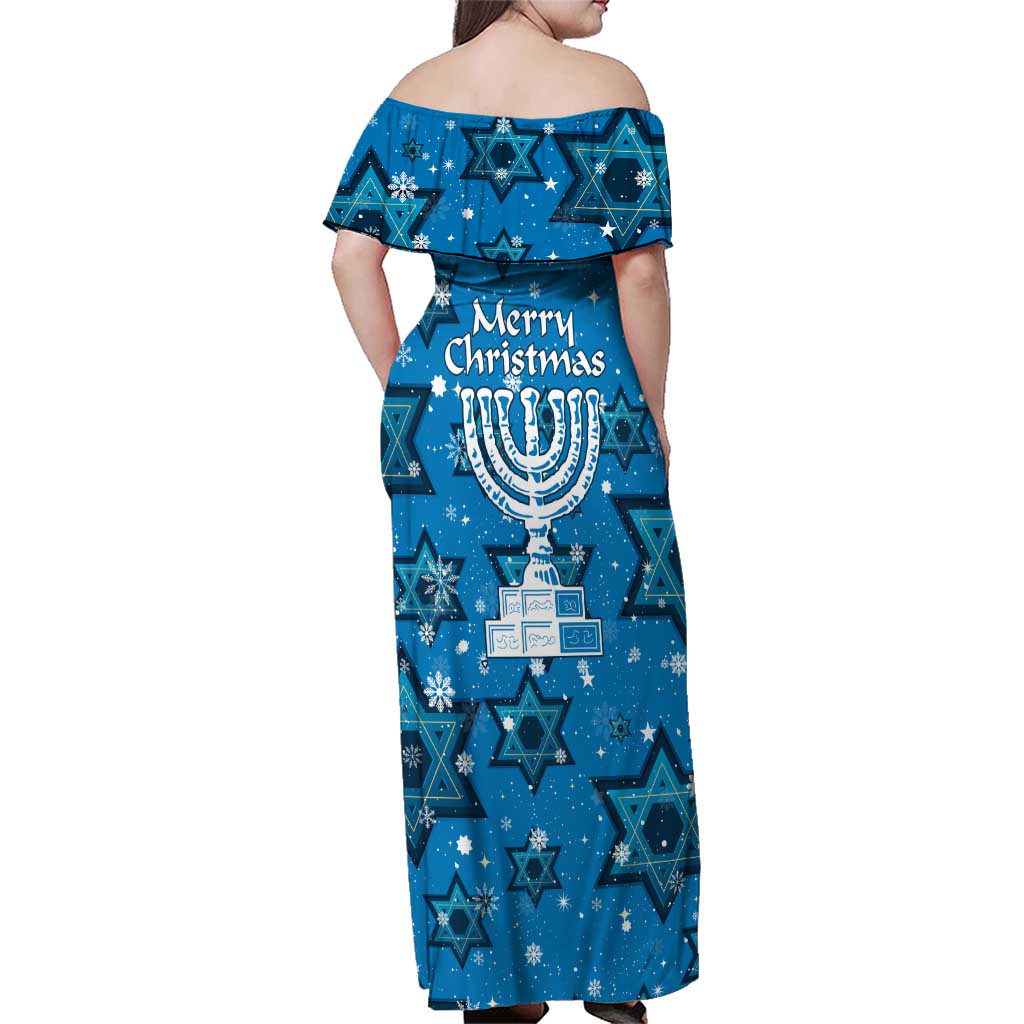 Israel Christmas Family Matching Off Shoulder Maxi Dress and Hawaiian Shirt with Blue Star of David Pattern and Menorah Motif - Wonder Print Shop