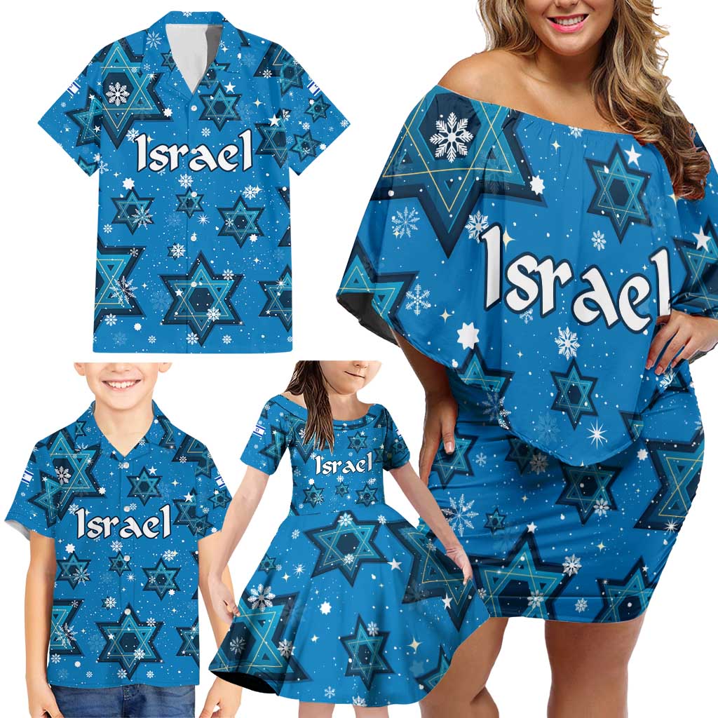 Israel Christmas Family Matching Off Shoulder Short Dress and Hawaiian Shirt with Blue Star of David Pattern and Menorah Motif - Wonder Print Shop