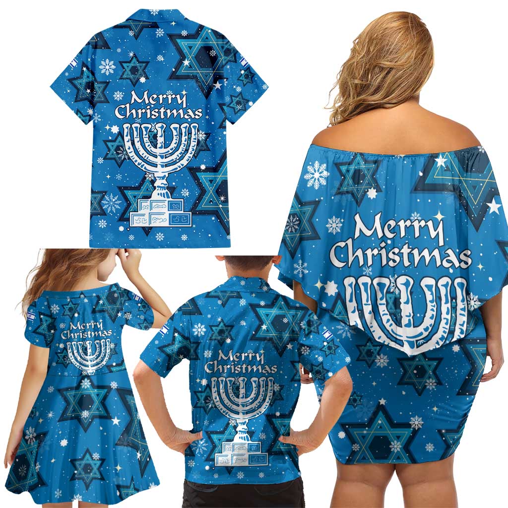 Israel Christmas Family Matching Off Shoulder Short Dress and Hawaiian Shirt with Blue Star of David Pattern and Menorah Motif - Wonder Print Shop