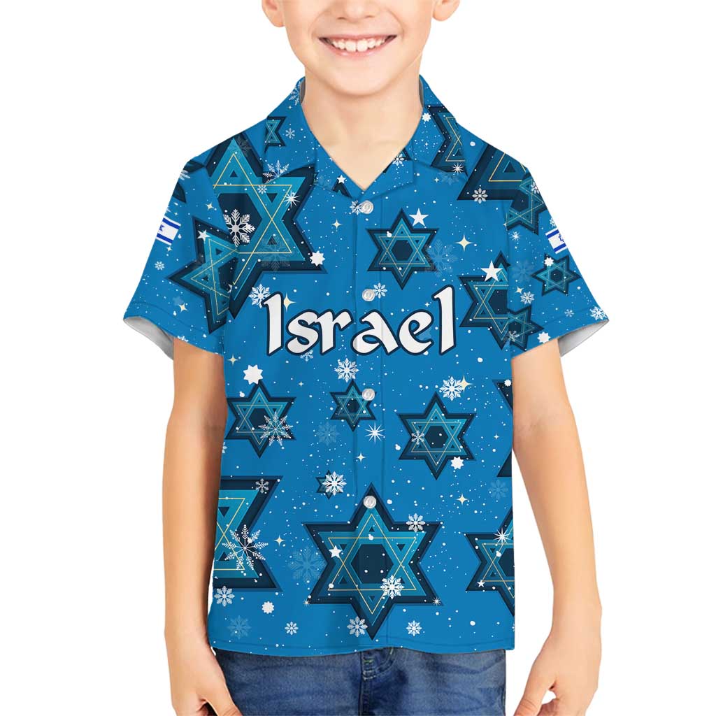 Israel Christmas Family Matching Off Shoulder Short Dress and Hawaiian Shirt with Blue Star of David Pattern and Menorah Motif - Wonder Print Shop