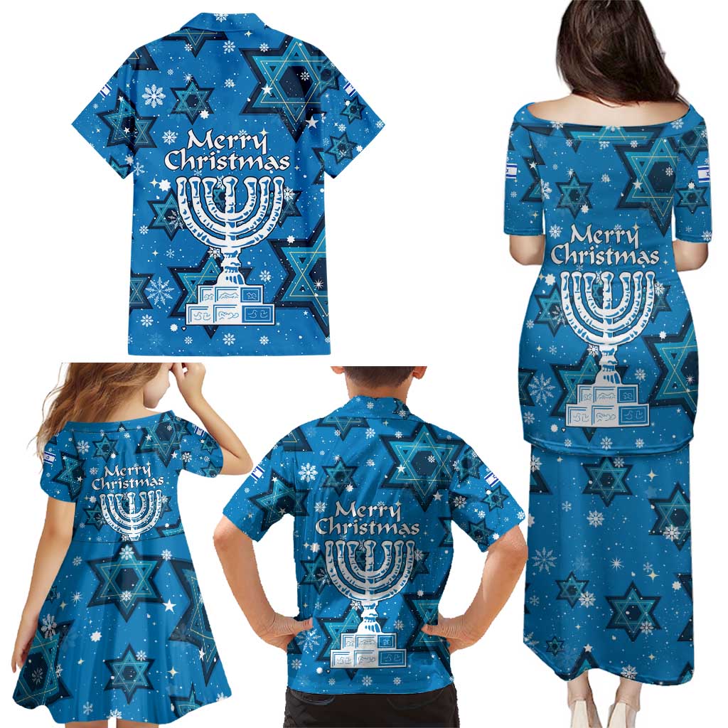 Israel Christmas Family Matching Puletasi and Hawaiian Shirt with Blue Star of David Pattern and Menorah Motif - Wonder Print Shop