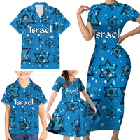 Israel Christmas Family Matching Short Sleeve Bodycon Dress and Hawaiian Shirt with Blue Star of David Pattern and Menorah Motif - Wonder Print Shop