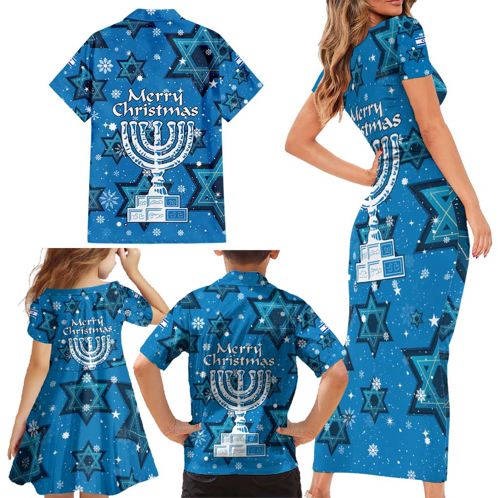 Israel Christmas Family Matching Short Sleeve Bodycon Dress and Hawaiian Shirt with Blue Star of David Pattern and Menorah Motif - Wonder Print Shop