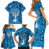 Israel Christmas Family Matching Short Sleeve Bodycon Dress and Hawaiian Shirt with Blue Star of David Pattern and Menorah Motif - Wonder Print Shop