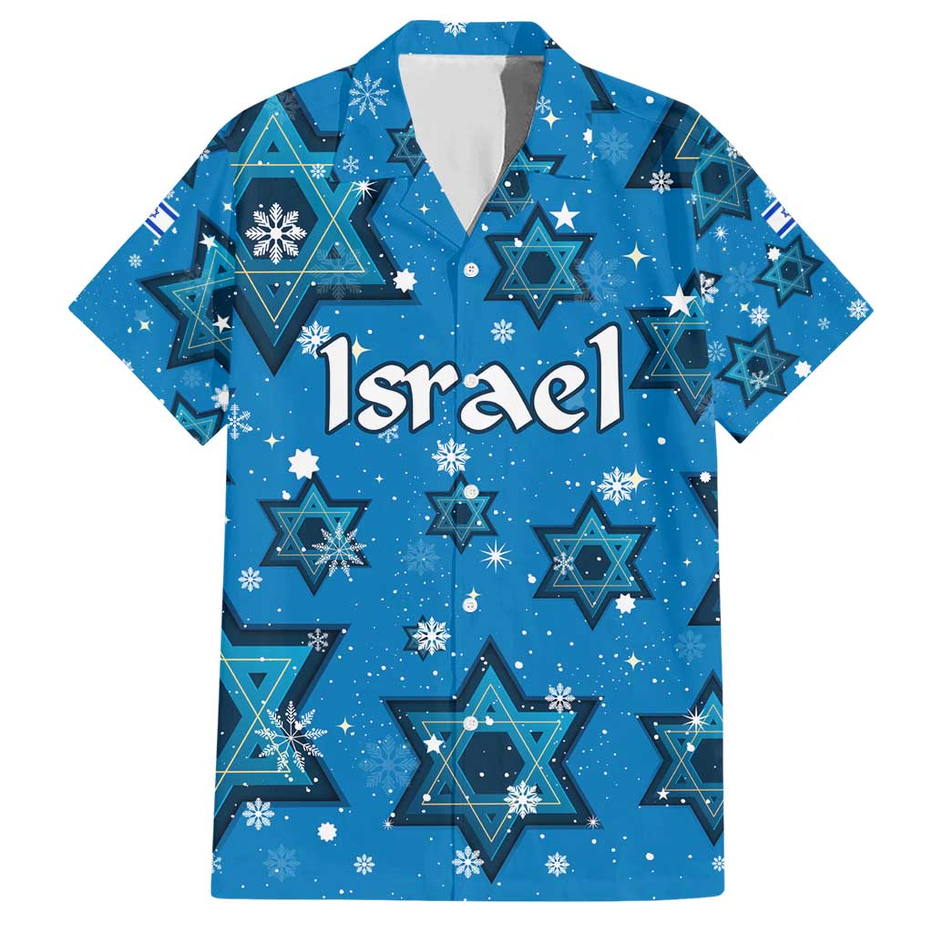 Israel Christmas Family Matching Short Sleeve Bodycon Dress and Hawaiian Shirt with Blue Star of David Pattern and Menorah Motif - Wonder Print Shop