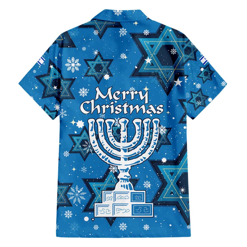 Israel Christmas Family Matching Short Sleeve Bodycon Dress and Hawaiian Shirt with Blue Star of David Pattern and Menorah Motif - Wonder Print Shop