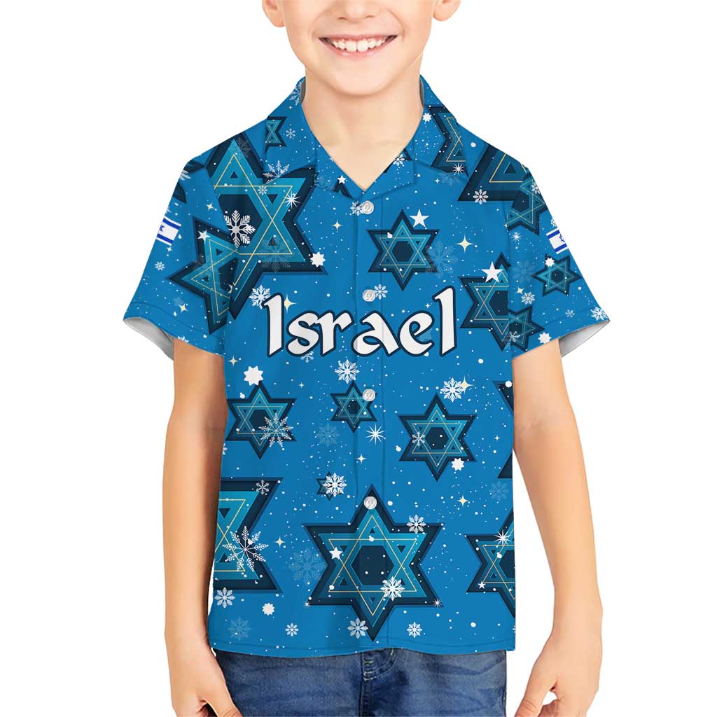 Israel Christmas Family Matching Short Sleeve Bodycon Dress and Hawaiian Shirt with Blue Star of David Pattern and Menorah Motif - Wonder Print Shop